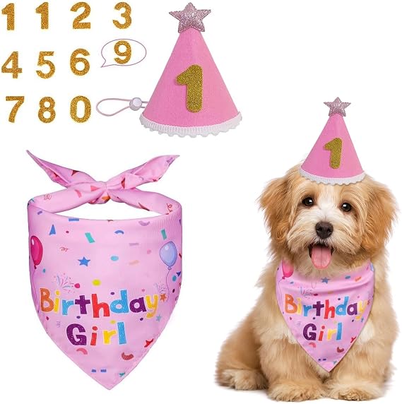 Dog Birthday Bandana Set, Adjustable Dog Birthday Hat with Glitter Numbers, Reusable Pet Party Supplies for Birthday Cake Photos, Celebration Accessories for Small Medium Large Dogs (pink)