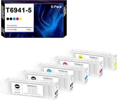 T694 Ink Cartridge Set T6941 T6942 T6943 T6944 T6945 Replacement for SureColor T3000 T3270 T3270D T5000 T5270 T5270D T7000 T7270 Printers (5-Pack, 700ml)