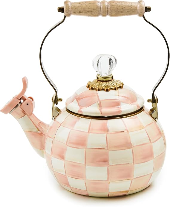 MACKENZIE-CHILDS Whistling Tea Kettle, Pink-and-White Rosy Check | Hand-painted design, made from enameled steel, ideal for boiling water and serving hot coffee or tea, 2-quart capacity