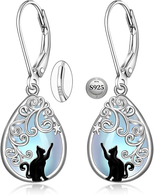 Cat Earrings - S925 Sterling Silver Black Cat Earrings for Women Teardrop Moonstone Abalone Dangle Cats Jewelry Christmas Gift