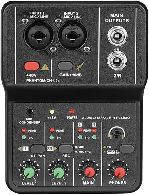 ACAGALA Audio Interface Professional Recording Sound Card 16bit/48kHz Mini USB Audio Interface Sound Card 2-In & 2-Out with 48V Power USB-B Cable Studio Recording Equipment for Music Recording