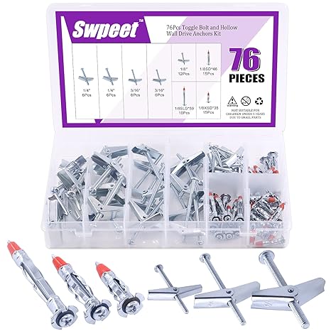 Swpeet 76Pcs Toggle Bolt and Wing Nut with 1/8 Inch Hollow Wall Drive Anchor Molly Bolt Drive Anchor Kit for Hanging Heavy Items on Drywall - 1/8 Inch, 3/16Inch, 1/4Inch