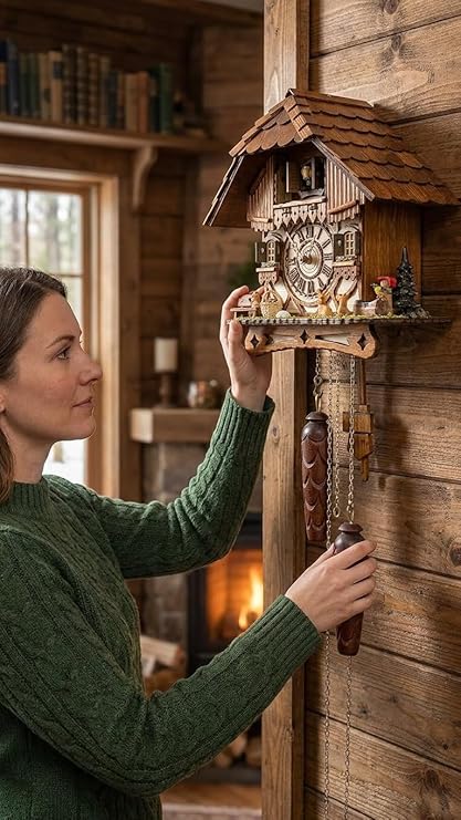 Cuckoo Palace German Cuckoo Clock Black Forest Hillside Chalet with Animal Figures Quartz Movement with Music Night Silence Sensor 10.6 Inch Wall Clock