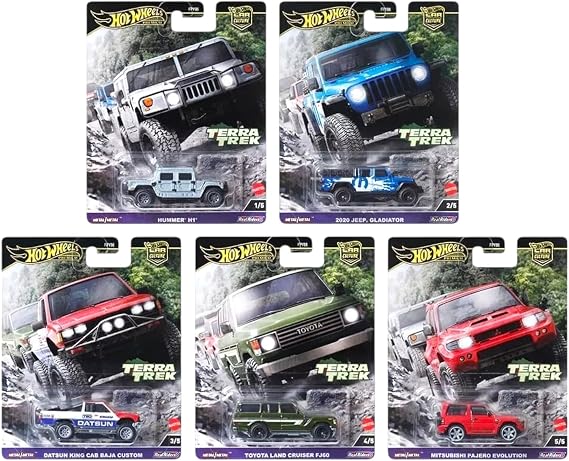 Hot Wheels Terra Trek Off-Road Collection, 5 Die-Cast Cars Set, Hummer H1, Jeep Gladiator, Datsun King Cab, Toyota Land Cruiser, Mitsubishi Pajero FPY86-961C