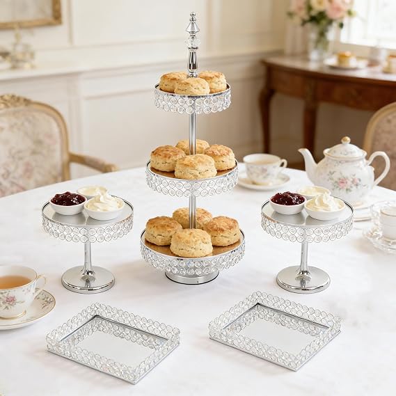 5 Pieces Cake Stand Set, Centerpiece Dessert Table Display Set 3-Tier Cupcakes Holder Tower with Rectangular Trays Crystal Edge Design for Wedding Birthday Party