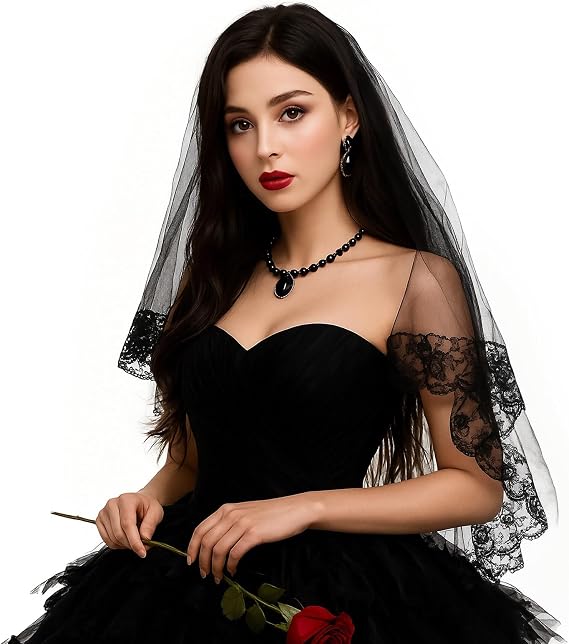 Notoke Black Lace Veil with Embroidered Floral Edge, 60-80cm 2 Tiers Gothic Wedding Veil with Invisible Hair Comb, Elegant Fingertip Length Veils for Brides Women, Halloween Prom Accessories