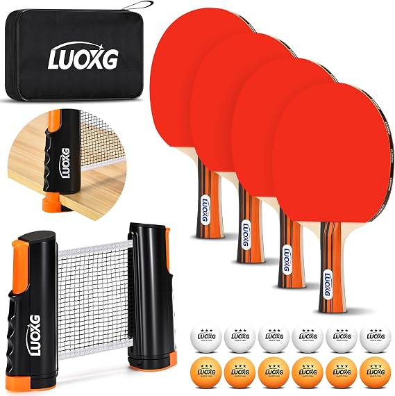 4Player Ping Pong Paddles Set with Retractable Net and 12 Balls