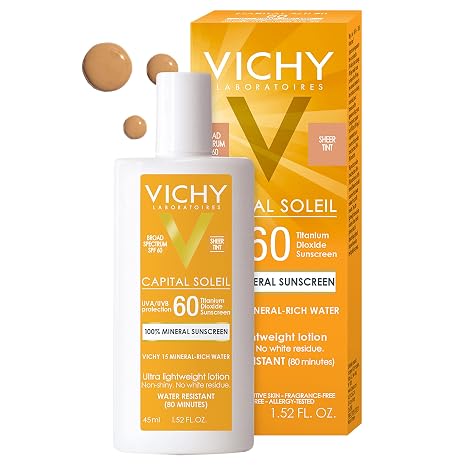 Vichy Capital Soleil Tinted Mineral Sunscreen for Face SPF 60, Titanium Dioxide Face Sunscreen, Travel Size Sunscreen, Water Resistant, Light weight Sun Protection Creams, Gels, Lotions