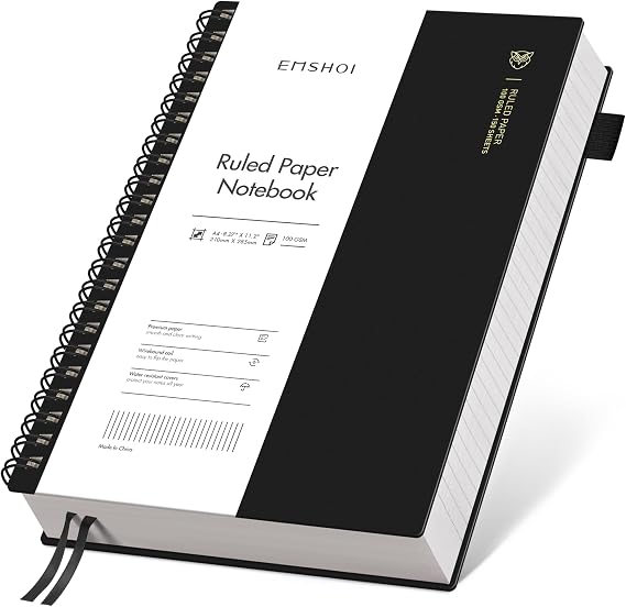 EMSHOI Lined Spiral Journal Notebook, 300 Pages, A4 Size (8.2'' x 11.2'') | College Ruled, Flexible Plastic Cover, 100 GSM Thick Paper, for School, Writing, Work, Office & Journaling (Black)
