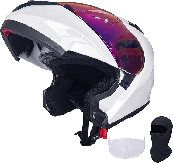 KRN Adult Motorcycle Helmet Modular Flip-up Helmet DOT Approved - Street Racing Crash Helmet with Color Visor & Balaclava -Gloss White