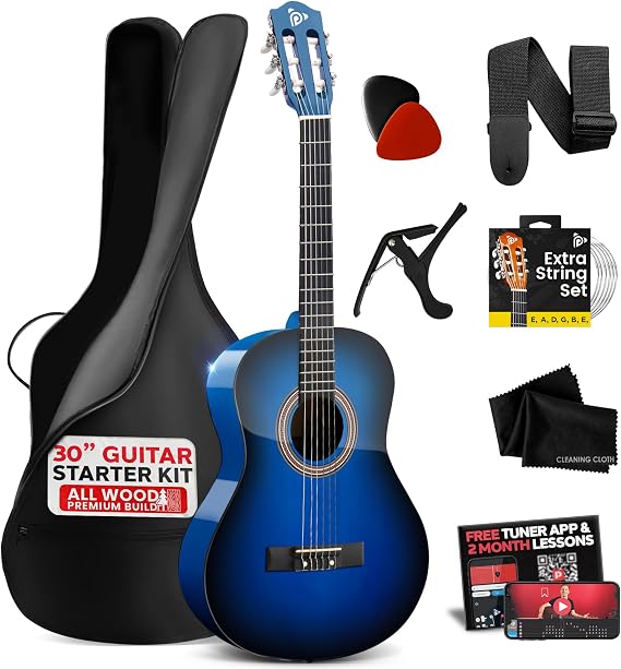 Pyle Beginner Acoustic Guitar Kit, 1/4 Junior Size All Wood Build Nylon Stringed Instrument with Capo, Strap, Extra String Set, Gig Bag, Guitars for Beginners Adults Youth, 30" Blue Burst Gloss
