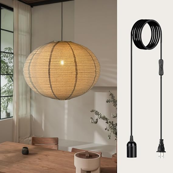 METHEDEECO Plug in Linen Pendant Light, 20 Inch