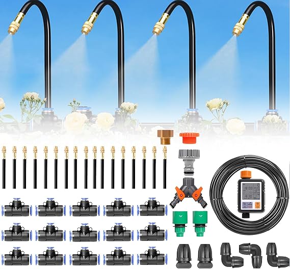 Automatic Drip Misting System, Omnidirectional Smart Sprinkler, With 360-Degree Bending Dropper Atomizing Copper Nozzle and Smart Irrigation Controller for Garden, Greenhouse,30m/98.4ft-WithTimer