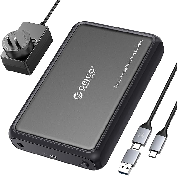 ORICO 3.5 Hard Drive Enclosure SATA Compatible for 3.5" 2.5" Seagate Samsung WD Crucial SanDisk HDD SSD, ABS+Metal Shell, Support UASP&Trim Up to 20TB, 2-in-1 USB C to USB C/A Cable (DDL35C3)