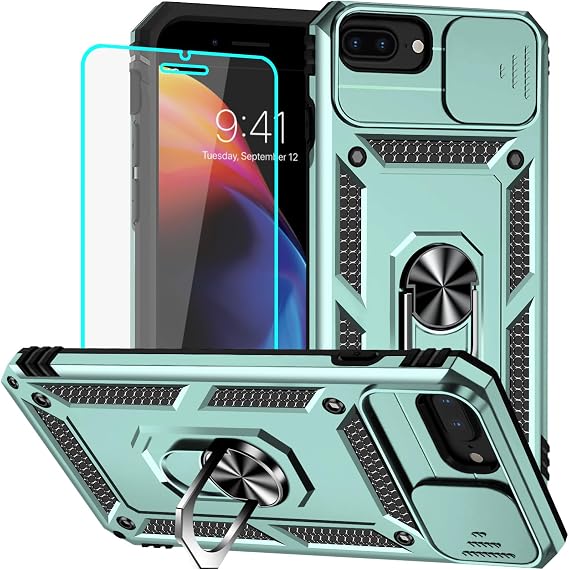 HNHYGETE for iPhone 8 Plus Case, iPhone 7 Plus Case with Screen Protector: [Military Grade 20ft. Drop Tested] Ring Shockproof Protective Phone Case for - iPhone 8/7 Plus (Dark Green)