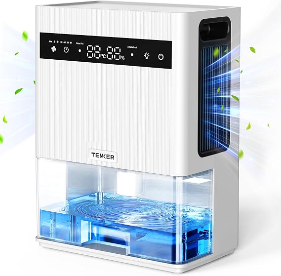 TENKER Dehumidifier for Home, 3L (106 oz) Dehumidifier with Digital Temperature & Humidity Display, Sleep Mode, Timer, Auto-Off, Auto Defrost, 7-Color Lights for Home Bedroom Bathroom Wardrobe