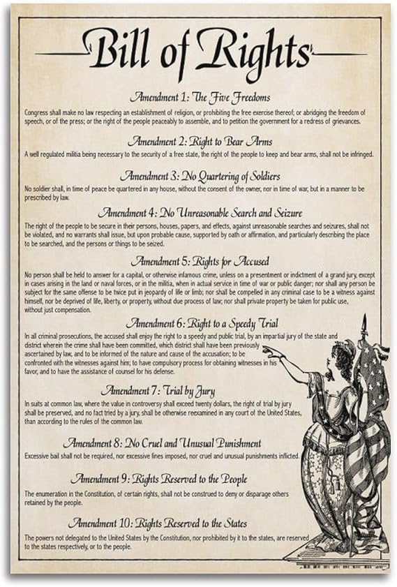 Vintage Poster The U.S. Constitution The Bill of Rights US History Government Classroom School Poste Painting Canvas Wall Posters Art Picture Print Modern Family Decor Posters 16x24inch(40x60cm)