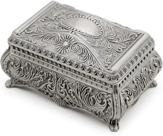 Rectangle Antique Metal Jewelry Box Trinket Storage Organizer Gift Box Chest Ring Case with Floral Engraved for Girls Ladies Women, Small