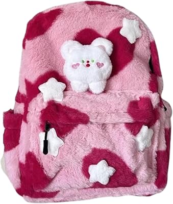 Cute Backpack Fuzzy Shoulder Bag, Fluffy Y2k Purse Kawaii Grunge Coquette Aesthetic Daypack Therian Gothic Backpack Pink