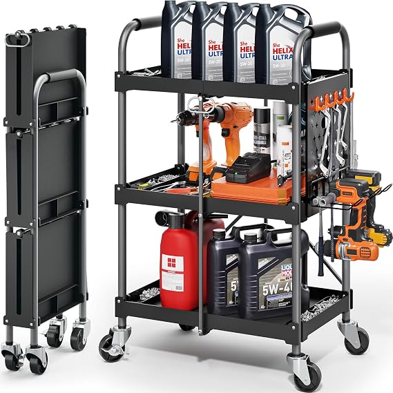 KINGRACK 3 Tier Heavy Duty Foldable Utility Service Cart with Wheels | Multifunctional Storage Organizer, Practical for Home, Office, Garage, Warehouse, Black Tool Cart with Ergonomic Handle
