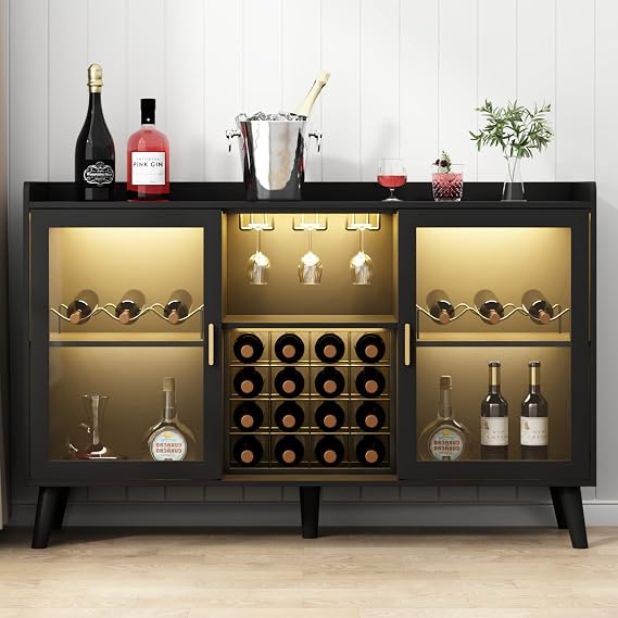 Modern Wine Bar Cabinet with LED Light, Home Coffee Cabinet with Wine Rack | Freestanding Liquor Cabinets with Glass Holders & Glass Door, Kitchen Sideboard Buffet Cabinets with Storage Shelf (Black)