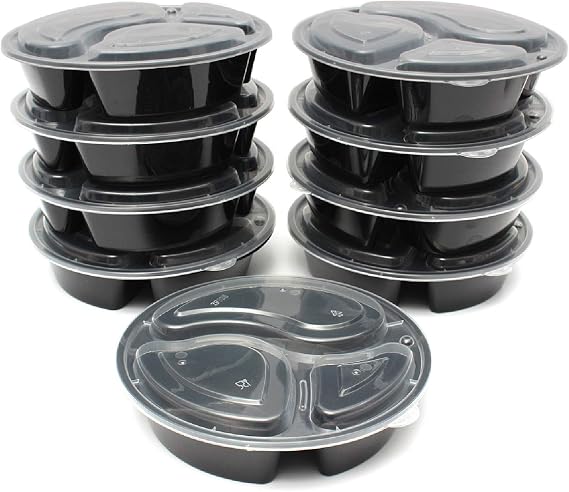50pcs 48oz Meal Prep Round Containers 3 Compartment w/Lids Food Storage 25 set