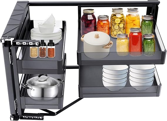 Blind Corner Cabinet Pull Out Organizer, 14 Inch Pull Out Blind Corner Cabinet Organizer Left Or Right Swing, Hidden Corners Cabinet Slide Out Shelves with 2 Tier 4 Shelf, Blind Corner Soft Close