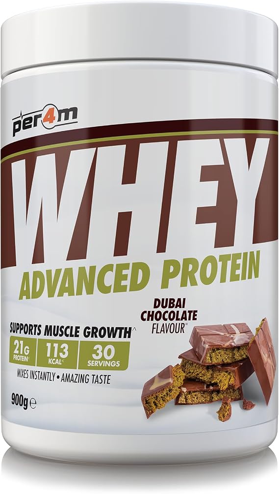 Per4m Whey Protein Powder | High Protein Shake for Muscle Growth & Recovery | Low Sugar Gym Supplement | Sports Nutrition Drink + Amino Acids (900g, Dubai Chocolate)