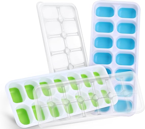 Ice Cube Trays for Freezer, Furnsii 4 Pack Stackable Ice Cube Tray With Lid, Easy-Release Flexible 56-Cube Silicone Ice Trays for Cocktail, Coffee (Green + Blue)