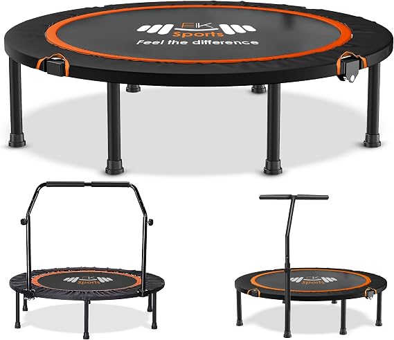 FK Sports Foldable Fitness Mini Trampoline Rebounder, 48" and 40" Foldable Mini Trampolines with T or U Bar Handle for Adults & Kids – Indoor Cardio Workout Rebounder for Home Fitness Exercise