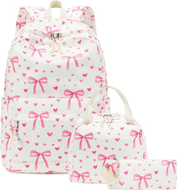 CAMTOP Girls Backpack with Lunch Box Set, Cute Bow School Backpack for Kids, 3-in-1 Lightweight Lunch Bag and Pencil Pouch