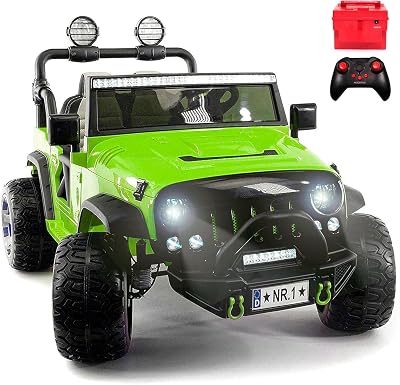 2027 American Two 2 Seater Ride On Kids Car Truck wRemote | Large 24V Battery Licensed Kid Car to Drive 3 Speeds, Leather Seat, MP3 Music by Bluetooth, FM Radio, Rubber Tires in Green