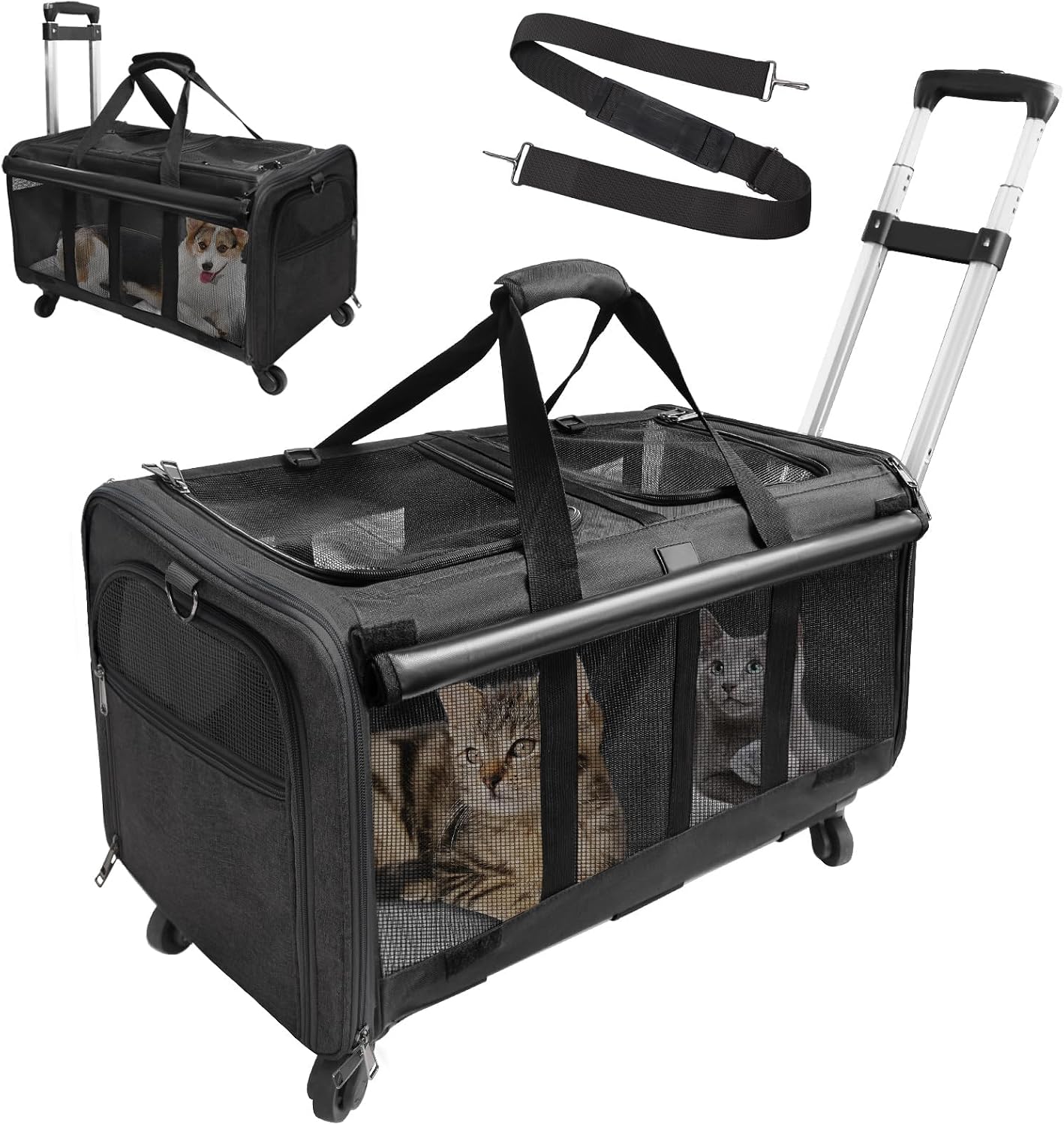 Double-Compartment Pet Rolling Carrier with Wheels for 2 Pets,for Up to 35 LBS,Cat Rolling Carrier for 2 Cats,Super Ventilated Design,Ideal for TravelingHikingCamping
