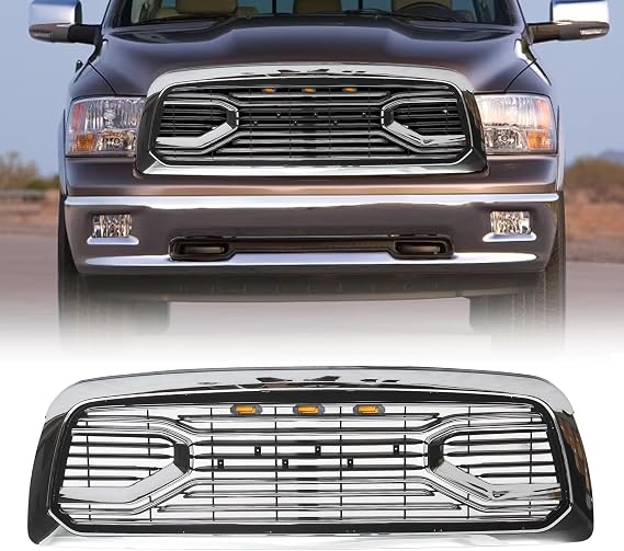 Front Grille Compatible with 2009 2010 2011 2012 Ram 1500, Big Horn Front Bumper Grill with letters and Lights (Chrome W/Letters LED Lights)