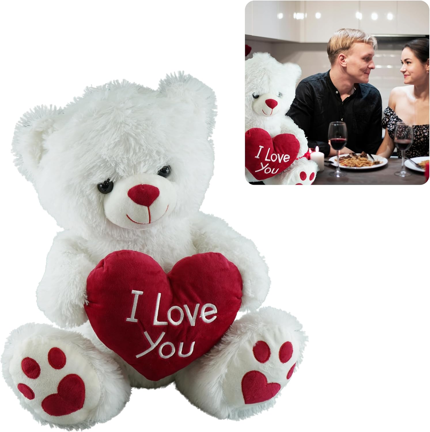 18'' White Teddy Bear with Red Heart - Giant Soft Plush Stuffed Animal, Cute Valentines Gifts for Him, Birthday Present, Baby Shower Toy, Cuddly Kids’ Gift, Large Teddy Bear Doll