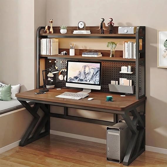 Gaming Desk with Hutch and Pegboard, Computer Desk with Storage Shelves, RGB LED Lights and Charging Station, Power Outlet and USB Ports, Gaming Desk for Bedroom, Study Room and Gaming Setup