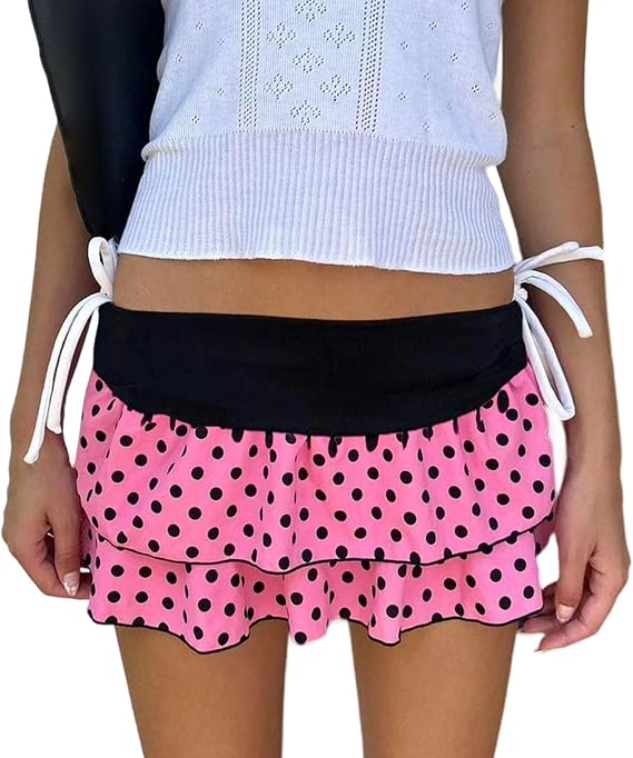 Women Layered Ruffle Mini Skirt Y2k Polka Dot Print A Line Tiered Short Skirt Streetwear for Teen Girl