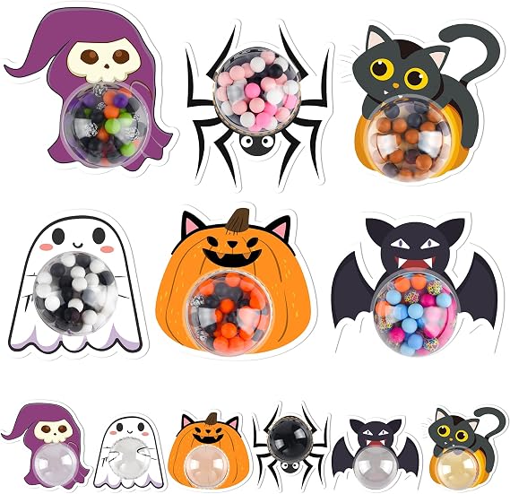 ASTARON 24 Halloween Treat Holder Cards with Domes, Trick or Treat Supplies | Ghost Bat Pumpkin Spider Candy Holders Halloween Cards with Half Ball Domes Gift Holder Candy Boxes for Party Decorations