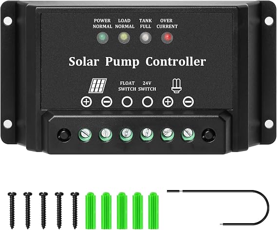 10A Solar Water Pump Controller, Zuomeng DC Pump Controller Compatible with 12V and 24V Systems, Featuring LED Display Light and Overcurrent/Overload Protection