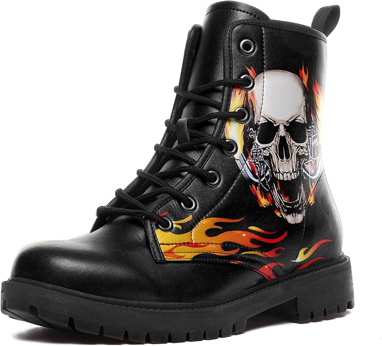 Custom Black Combat Boots for Women Fashion Lace-Up Skull Rose Ankle Booties Chunky Heel Platform Leather Boots