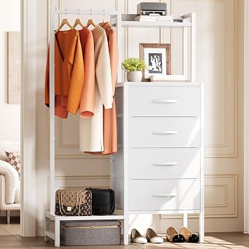 Yoobure White Dresser with Hanging Rack - Small Dresser for Bedroom with 4 Drawers, 44'H Chest of Drawers, Reversible Kids Dressers with Storage Shelf, Closet Dressers with Clothes Rack, Sturdy Frame