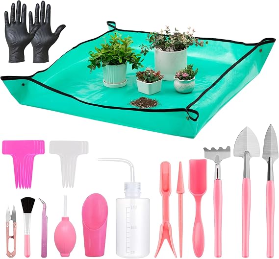 Melphoe 25Pcs Mini Garden Hand Transplanting Succulent Tools Set, 39.4" Thickened Repotting Mat & Plant Tag, Miniature Planting Indoor Fairy Care, Potting, Cactus, Houseplant Bonsai Tool Kit (Pink)