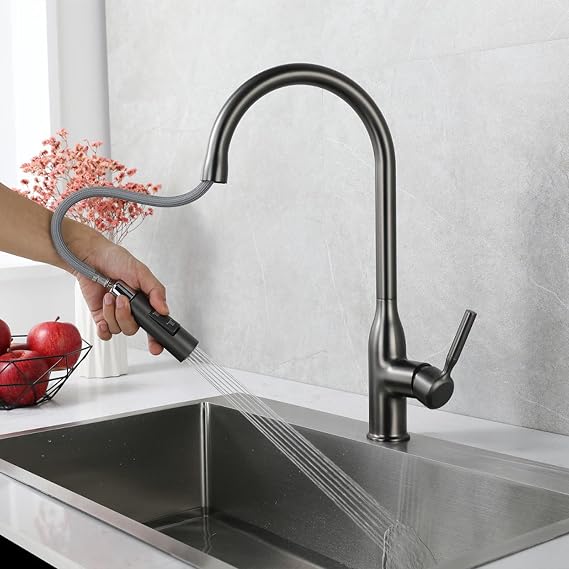 Full Copper Pull-Out Kitchen Faucet Pressurized Universal Retractable Rotating Hot and Cold Faucet Household Basin Faucet, Gun Gray