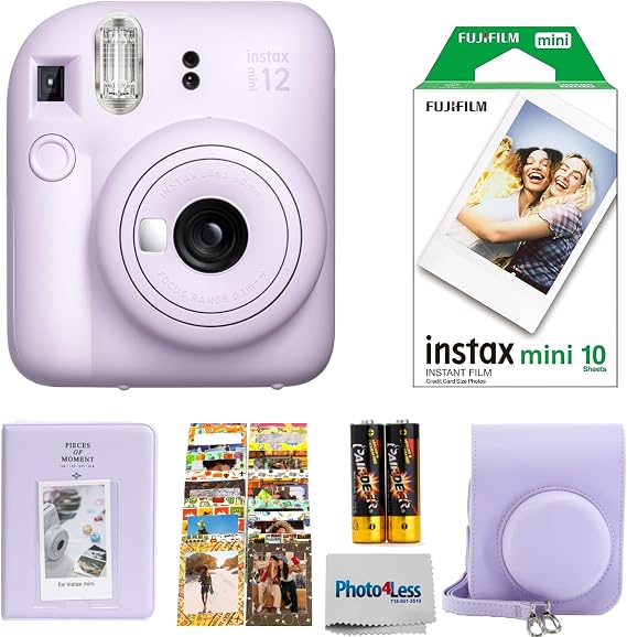 Fujifilm INSTAX Mini 12 Instant Film Camera Lilac Purple + Fuji Single Pack - 10 Prints Protective Case Purple Photo Album Travel Sticker Bundle