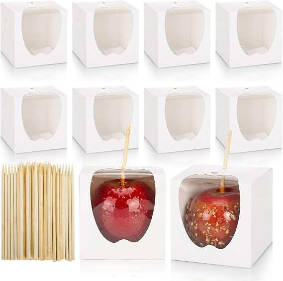 ZEAYEA 50 Pack 4"x 4"x 4" Candy Apple Boxes with Window and Sticks, Food Grade Caramel Apple Gift Boxes with Hole, Carboard Treat Favor Packaging for Halloween, Thanksgiving, Wedding, Party