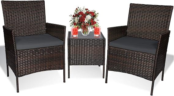 3 Piece Patio Furniture Set,Outdoor Wicker Rattan Conversation Set,Porch PE Rattan Outdoor Furniture Set with Coffee Table, Chairs & Thick Cushions, for Patio Garden Lawn Backyard Pool (Brown-Grey)