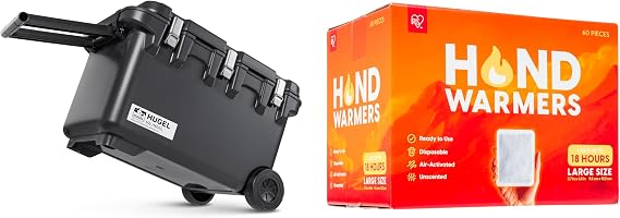 IRIS USA Bundle of Hugel 64 QT Insulated Cooler w/Wheels + 60 Large Hand Warmers Heavy Duty Ice Chest w/Vacuum Panels, Built-in Handles 18-Hour Heat for Camping, Fishing, Tailgating, Travel