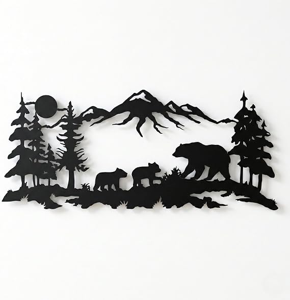 DEKADRON Metal Wall Art, Metal Bear Family Art, Tree Mountain Decoration, Nature Wall Decor, Wildlife Lover Gift, Wall Hangings (24" W x 10" H / 60x26cm)