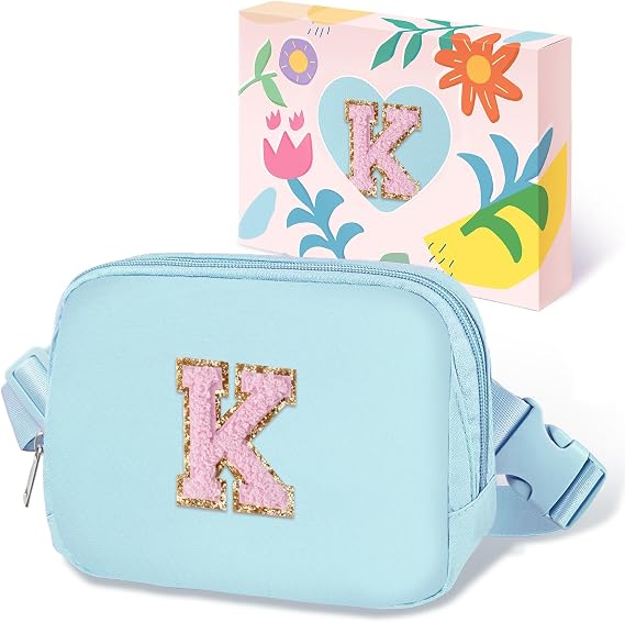 COSHAYSOO Valentines Birthday Initial Gifts for Teen Girls 5 6 7 8 9 10 11 12 13 14 Year Old Blue Fanny Pack for Girls Belt Bag Crossbody Travel Purse Unique Trendy Fashion Stuff Chenille Letter K