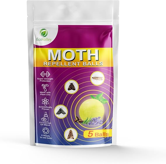 EcoValley Moth Repellent Balls-5 Pack Super Strength Lavender, Cedarwood, Peppermint & Clove Oil,Plant Based,Natural Moth Repellent/Deterrent,Ready to Use Moth Control